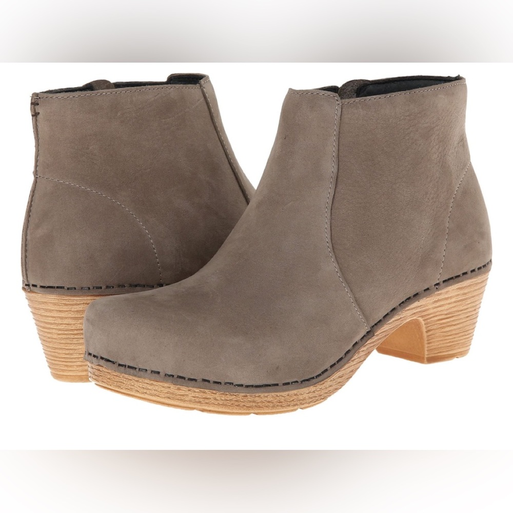 Dansko Maria Clog Booties, Taupe tilled Nuback, size 36